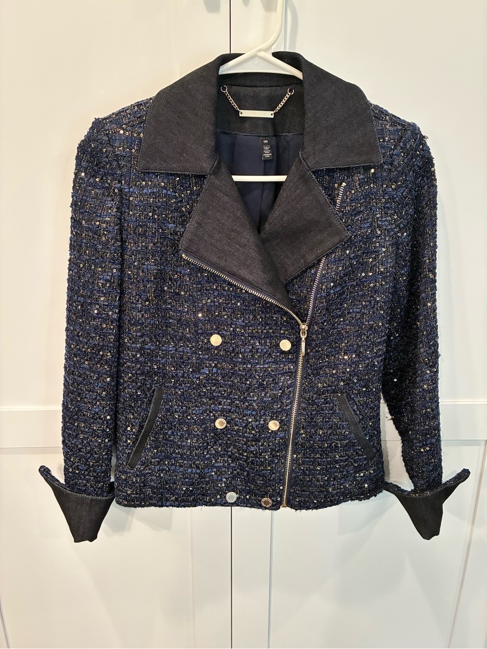 Textured Navy Tweed Moto Jacket - Women's